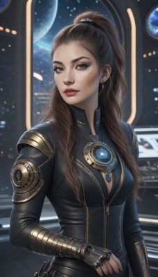 1girl,solo,long hair,breasts,looking at viewer,brown hair,gloves,cleavage,brown eyes,jewelry,medium breasts,upper body,ponytail,earrings,parted lips,artist name,fingerless gloves,lips,bodysuit,makeup,ring,high ponytail,lipstick,science fiction,realistic,black bodysuit,red lips,space,planet,hair pulled back,earth (planet),necklace,mole,eyeshadow,freckles,nose