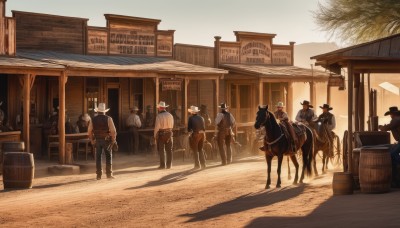 multiple girls,shirt,hat,boots,outdoors,multiple boys,day,pants,tree,shadow,animal,building,scenery,6+boys,road,riding,horse,horseback riding,barrel,people,saddle,cart,holding,weapon,sky,sword,from behind,vest,black headwear,bird,helmet,architecture,house,multiple others,east asian architecture,bare tree,street,soldier