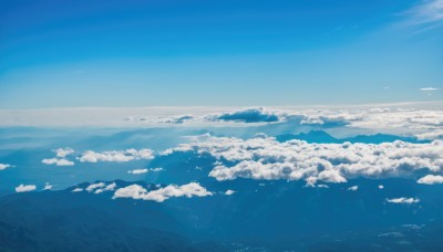 monochrome,outdoors,sky,day,cloud,water,blue sky,no humans,bird,ocean,cloudy sky,nature,scenery,blue theme,mountain,horizon,landscape,mountainous horizon,above clouds,grass