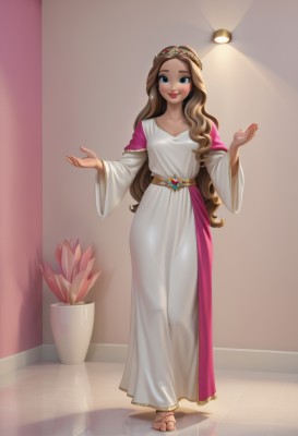 1girl,solo,long hair,breasts,looking at viewer,blush,smile,blue eyes,brown hair,long sleeves,dress,jewelry,standing,collarbone,full body,flower,small breasts,belt,indoors,wide sleeves,white dress,lips,toes,wavy hair,sandals,tiara,plant,circlet,long dress,very long hair,makeup,potted plant