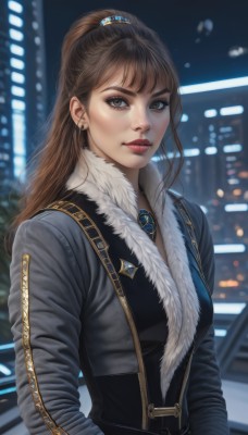 1girl,solo,long hair,breasts,looking at viewer,bangs,brown hair,long sleeves,brown eyes,jewelry,jacket,upper body,ponytail,earrings,outdoors,blurry,lips,fur trim,makeup,night,blurry background,high ponytail,brooch,realistic,nose,hands in pockets,red lips,city lights,closed mouth,artist name,grey eyes,eyelashes,depth of field,lipstick,cropped jacket,fur collar