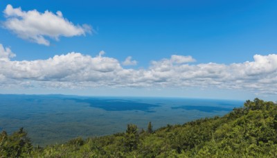 outdoors,sky,day,cloud,signature,water,tree,blue sky,no humans,ocean,cloudy sky,grass,plant,nature,scenery,forest,mountain,horizon,field,landscape,mountainous horizon,hill