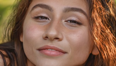 1girl,solo,looking at viewer,brown hair,brown eyes,parted lips,teeth,blurry,lips,eyelashes,blurry background,portrait,close-up,realistic,nose,long hair,half-closed eyes