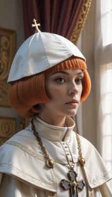 1girl,solo,looking at viewer,short hair,bangs,hat,jewelry,upper body,indoors,blunt bangs,necklace,orange hair,blurry,lips,grey eyes,window,capelet,blurry background,white headwear,bob cut,cross,curtains,realistic,nose,nun,cross necklace,latin cross,priest,blue eyes,portrait,freckles