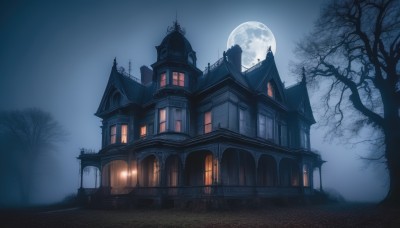 outdoors,sky,cloud,tree,no humans,window,night,moon,building,night sky,scenery,full moon,road,architecture,house,bare tree,castle,fog,moonlight,grass,light,dark,bridge,lamppost,tower,path,arch