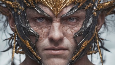 solo,looking at viewer,simple background,black hair,1boy,white background,closed mouth,male focus,blurry,black eyes,lips,grey eyes,depth of field,helmet,portrait,close-up,realistic,straight-on,blue eyes,eyelashes,facial hair,headgear,scar,beard,science fiction,nose,stubble