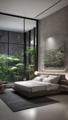 indoors,tree,pillow,book,no humans,window,bed,table,plant,nature,scenery,couch,forest,rain,wooden floor,blanket,potted plant,lamp,bedroom,wall,ceiling light