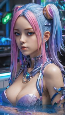 1girl,solo,long hair,breasts,looking at viewer,bangs,blue eyes,large breasts,hair ornament,cleavage,bare shoulders,twintails,jewelry,medium breasts,closed mouth,blue hair,swimsuit,upper body,pink hair,multicolored hair,earrings,artist name,water,necklace,mole,blurry,two-tone hair,two side up,lips,wet,parted bangs,eyelashes,gradient hair,makeup,blurry background,piercing,lipstick,ear piercing,forehead,eyeshadow,partially submerged,mole on breast,realistic,nose,mascara,sidelocks,signature,detached collar,watermark,expressionless,web address,armlet,science fiction,pink lips