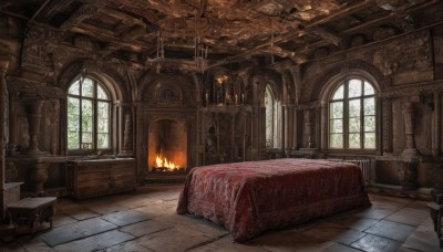 day,indoors,dutch angle,no humans,window,chair,table,sunlight,fire,scenery,stairs,fantasy,door,tiles,candle,tile floor,ruins,pillar,floor,carpet,arch,candlestand,rug,chandelier,fireplace,bed,couch,wall,statue