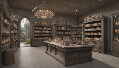 day,indoors,no humans,window,table,sunlight,bottle,plant,scenery,basket,tiles,potted plant,stool,shelf,jar,shop,ceiling,bar (place),counter,ceiling light,chandelier,tree,book,stairs,fantasy,bookshelf,statue,barrel