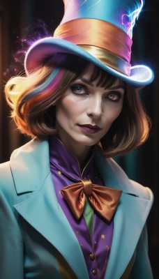 1girl,solo,looking at viewer,short hair,bangs,brown hair,shirt,hat,bow,brown eyes,closed mouth,jacket,upper body,multicolored hair,open clothes,collared shirt,artist name,signature,bowtie,medium hair,blurry,open jacket,lips,streaked hair,makeup,buttons,blurry background,watermark,formal,bob cut,suit,lipstick,web address,eyeshadow,blue headwear,freckles,top hat,realistic,orange bow,nose,purple shirt,purple headwear,purple lips,yellow eyes,vest,eyelashes,witch hat,heterochromia