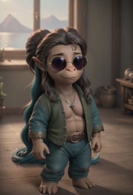 solo,long hair,looking at viewer,smile,brown hair,shirt,black hair,1boy,navel,jewelry,very long hair,closed mouth,standing,jacket,full body,male focus,multicolored hair,open clothes,horns,barefoot,pointy ears,belt,pants,artist name,indoors,dark skin,necklace,blurry,vest,two-tone hair,window,open shirt,gradient hair,muscular,blurry background,abs,sunglasses,thick eyebrows,pectorals,buckle,belt buckle,round eyewear,green shirt,potted plant,brown belt,1girl,breasts,long sleeves,collarbone,tail,glasses,wavy hair,plant,denim,child,forehead,backlighting,jeans,wooden floor,blue pants,female child,aviator sunglasses