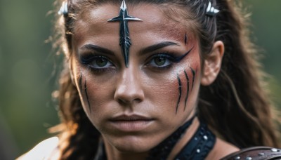 1girl,solo,long hair,looking at viewer,brown hair,brown eyes,closed mouth,choker,armor,blurry,collar,lips,eyelashes,makeup,blurry background,facial mark,portrait,close-up,forehead,eyeshadow,freckles,realistic,nose,facepaint,black hair,hair ornament,scar