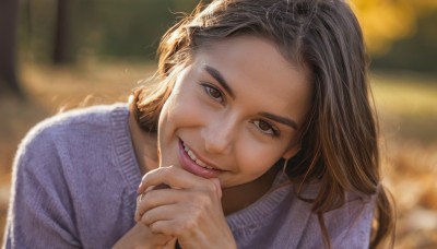 1girl,solo,long hair,looking at viewer,smile,open mouth,brown hair,brown eyes,upper body,teeth,blurry,sweater,lips,fingernails,head tilt,depth of field,blurry background,portrait,realistic,nose,hand on own chin,black hair,grin,own hands together