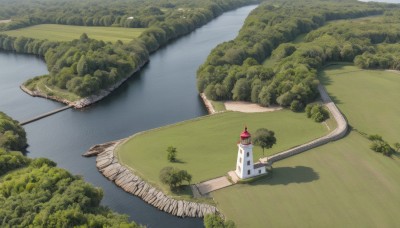 outdoors,day,water,tree,no humans,shadow,grass,building,nature,scenery,forest,road,bush,house,bridge,river,tower,boat,landscape,lake,path,mountain