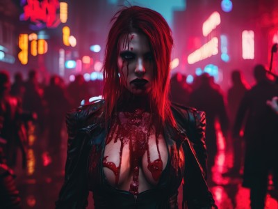 1girl,solo,long hair,breasts,looking at viewer,medium breasts,jacket,upper body,red hair,open clothes,solo focus,blurry,open jacket,lips,black jacket,no bra,blood,makeup,blurry background,lipstick,breasts apart,blood on face,realistic,nose,pasties,blood on clothes,leather,leather jacket,black lips,blue eyes,large breasts,cleavage,jewelry,earrings,depth of field,crowd