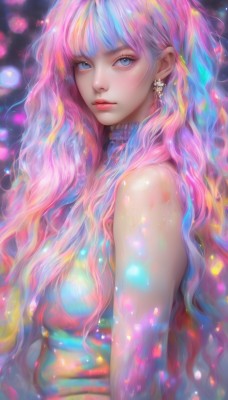 1girl,solo,long hair,breasts,looking at viewer,bangs,blue eyes,bare shoulders,jewelry,closed mouth,blue hair,upper body,pink hair,multicolored hair,earrings,parted lips,sleeveless,from side,lips,eyelashes,gradient hair,makeup,turtleneck,wavy hair,nose,colorful,medium breasts,sweater,expressionless,turtleneck sweater,realistic,sleeveless turtleneck