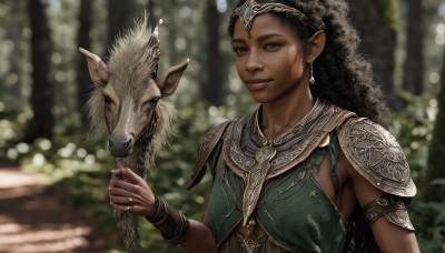 1girl,solo,long hair,breasts,looking at viewer,smile,brown hair,black hair,brown eyes,jewelry,upper body,ponytail,earrings,outdoors,parted lips,pointy ears,dark skin,armor,blurry,black eyes,bracelet,dark-skinned female,lips,depth of field,blurry background,animal,ring,shoulder armor,nature,armlet,forest,pauldrons,realistic,nose,bracer,cape,tiara,elf,horse,deer