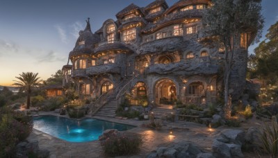 outdoors,sky,day,cloud,water,tree,blue sky,no humans,window,grass,plant,building,scenery,sunset,rock,stairs,door,road,bush,house,bridge,river,flower,fantasy,potted plant,arch,pond,stone stairs