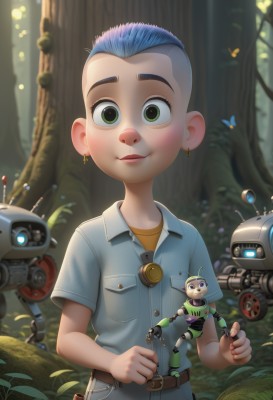 1girl,solo,looking at viewer,blush,smile,short hair,shirt,1boy,jewelry,green eyes,blue hair,short sleeves,male focus,earrings,outdoors,shorts,collared shirt,belt,blurry,tree,blurry background,bug,blue shirt,denim,robot,butterfly,child,nature,forest,freckles,pocket,breast pocket,male child,very short hair,humanoid robot,multicolored hair,artist name,leaf,aged down,mecha,science fiction,realistic,non-humanoid robot