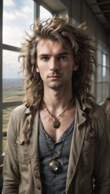 solo,long hair,looking at viewer,blue eyes,blonde hair,brown hair,shirt,1boy,jewelry,collarbone,jacket,upper body,male focus,open clothes,sky,day,cloud,indoors,necklace,blurry,open jacket,lips,window,buttons,blurry background,facial hair,wavy hair,blue shirt,messy hair,beard,pendant,curly hair,pocket,brown jacket,realistic,nose,stubble,breast pocket,chest hair