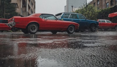 outdoors,tree,no humans,ground vehicle,building,scenery,motor vehicle,reflection,rain,realistic,car,road,vehicle focus,photo background,grey sky,sports car,truck,real world location,sky,day,window,traditional media,puddle