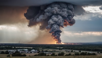 outdoors,sky,day,cloud,water,no humans,ocean,cloudy sky,fire,building,scenery,smoke,sunset,city,horizon,cityscape,explosion,landscape,burning