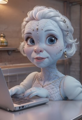 1girl,solo,looking at viewer,smile,short hair,blue eyes,hair ornament,jewelry,upper body,white hair,earrings,parted lips,teeth,artist name,indoors,necklace,blurry,lips,grey eyes,makeup,blurry background,colored skin,ring,freckles,circlet,scales,computer,laptop,mascara,dress,nail polish,eyelashes,watermark,lipstick,pale skin,web address,patreon username,realistic,nose,blue skin,pearl necklace