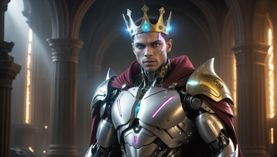 HQ,solo,looking at viewer,short hair,blue eyes,1boy,upper body,male focus,indoors,dark skin,cape,armor,lips,glowing,facial mark,crown,shoulder armor,science fiction,pauldrons,breastplate,android,red cape,cyborg,pillar,power armor,purple eyes,robot,serious,realistic