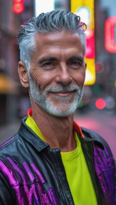 solo,looking at viewer,smile,short hair,shirt,1boy,closed mouth,jacket,upper body,grey hair,male focus,open clothes,blurry,open jacket,black jacket,grey eyes,blurry background,facial hair,beard,yellow shirt,realistic,green shirt,mustache,old,old man,green eyes,white hair,outdoors,artist name,signature,lips,depth of field,scar,scar on face,nose,scar across eye,manly,bokeh,city lights,neon lights,wrinkled skin