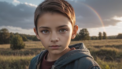 solo,looking at viewer,short hair,brown hair,shirt,1boy,brown eyes,closed mouth,jacket,upper body,male focus,outdoors,sky,day,cloud,hood,blurry,lips,hoodie,depth of field,blurry background,hood down,cloudy sky,blue jacket,red shirt,child,portrait,hooded jacket,zipper,freckles,realistic,nose,male child,very short hair,rainbow,1girl,tree,sunlight,grass,forehead,field