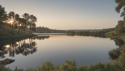 outdoors,sky,cloud,water,tree,no humans,grass,plant,nature,scenery,forest,reflection,sunset,bush,lamppost,river,landscape,lake,mountain,sun,reflective water