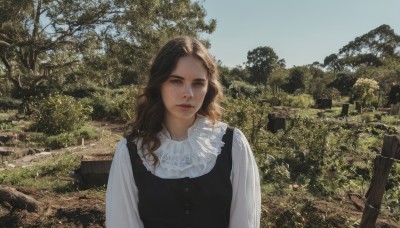 1girl,solo,long hair,looking at viewer,brown hair,shirt,long sleeves,dress,brown eyes,white shirt,upper body,outdoors,frills,parted lips,sky,sleeveless,day,vest,black dress,tree,blue sky,lips,wavy hair,blouse,nature,scenery,freckles,realistic,fence,medium hair,grass