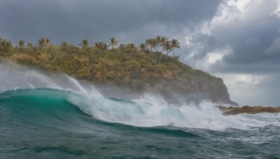 outdoors,sky,day,cloud,water,tree,blue sky,no humans,ocean,beach,cloudy sky,nature,scenery,palm tree,horizon,waves,shore,island,forest