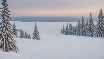 monochrome,outdoors,sky,water,tree,no humans,nature,scenery,snow,forest,mountain,winter,bare tree,landscape,lake,pine tree,day,cloud,blue sky,ocean,horizon