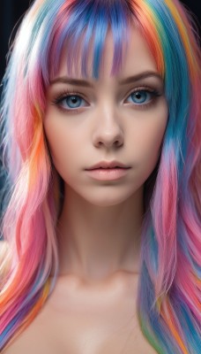 1girl,solo,long hair,breasts,looking at viewer,bangs,blue eyes,simple background,cleavage,medium breasts,closed mouth,blue hair,collarbone,upper body,pink hair,nude,multicolored hair,two-tone hair,lips,eyelashes,makeup,black background,portrait,close-up,realistic,nose,rainbow hair,blonde hair,orange hair,streaked hair,watermark,expressionless,web address