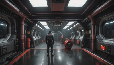 solo,gloves,1boy,standing,male focus,boots,black gloves,indoors,from behind,black footwear,helmet,reflection,science fiction,realistic,pilot suit,ambiguous gender,spacesuit,reflective floor,scenery,1other,wide shot,astronaut