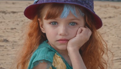 1girl,solo,long hair,looking at viewer,bangs,blue eyes,brown hair,shirt,hat,closed mouth,green eyes,blue hair,upper body,short sleeves,multicolored hair,outdoors,orange hair,blurry,two-tone hair,lips,blurry background,portrait,hand on own face,freckles,head rest,realistic,nose,hand on own cheek,day,expressionless,blue headwear,dirty