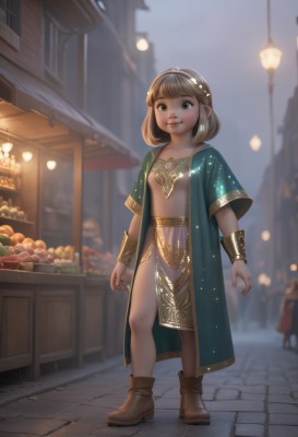 1girl,solo,looking at viewer,smile,short hair,bangs,skirt,brown hair,brown eyes,jewelry,closed mouth,green eyes,standing,full body,hairband,boots,outdoors,food,solo focus,artist name,medium hair,blurry,flat chest,bracelet,lips,night,fruit,depth of field,blurry background,brown footwear,building,gem,child,robe,lantern,fantasy,female child,bracer,bread,lamppost,town,pavement,breasts,dress,short sleeves,day,pointy ears,nail polish,pelvic curtain,walking,green dress,road,street,shop,storefront