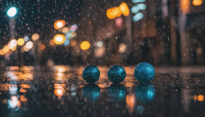 outdoors, sky, blurry, no humans, night, depth of field, night sky, scenery, reflection, rain, city, bokeh, city lights