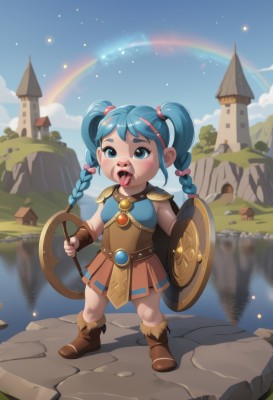 1girl,solo,long hair,blush,open mouth,blue eyes,skirt,bow,holding,twintails,blue hair,standing,full body,weapon,braid,hair bow,boots,outdoors,sky,day,tongue,cloud,tongue out,water,holding weapon,armor,twin braids,blue sky,fur trim,brown footwear,thick eyebrows,aged down,staff,shoulder armor,child,star (sky),pauldrons,shield,female child,rainbow,river,holding shield,hair ornament,dress,rock,castle,waterfall