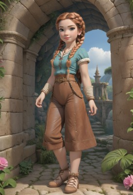 1girl,solo,long hair,breasts,looking at viewer,smile,blue eyes,brown hair,shirt,jewelry,standing,full body,braid,flower,short sleeves,small breasts,outdoors,sky,shoes,shorts,day,belt,pants,artist name,cloud,necklace,orange hair,twin braids,bracelet,blue sky,lips,rose,leaf,watermark,brown footwear,blue shirt,plant,hair over shoulder,pink flower,freckles,brown pants,pink rose,brown shorts,pillar,arch,nail polish,brown belt