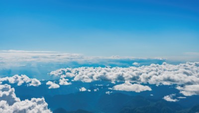 monochrome,outdoors,sky,day,cloud,water,blue sky,no humans,ocean,cloudy sky,scenery,blue theme,mountain,horizon,landscape,mountainous horizon,above clouds,bird,nature