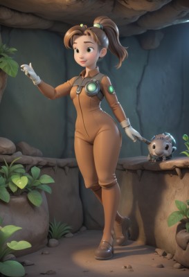 1girl,solo,long hair,breasts,smile,brown hair,hair ornament,gloves,brown eyes,closed mouth,green eyes,standing,full body,ponytail,small breasts,boots,shoes,artist name,white gloves,fingerless gloves,lips,bodysuit,makeup,leaf,high ponytail,plant,robot,web address,nose,jumpsuit,cave,looking at another,freckles