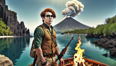 solo,brown hair,shirt,1boy,holding,weapon,male focus,outdoors,sky,glasses,day,belt,cloud,water,bag,holding weapon,vest,tree,gun,facial hair,sunglasses,fire,nature,rifle,sleeves rolled up,watch,rock,mountain,green shirt,wristwatch,river,brown eyes,signature,military,backpack,holding gun,realistic,assault rifle,lake,kalashnikov rifle,ak-47