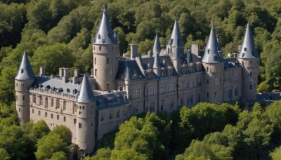 outdoors,day,tree,no humans,building,nature,scenery,forest,fantasy,castle,tower,sky,bush,green theme