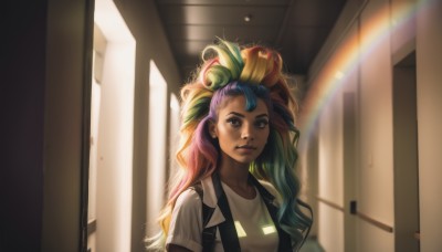 1girl,solo,long hair,looking at viewer,smile,blonde hair,shirt,brown eyes,jewelry,closed mouth,blue hair,white shirt,upper body,ponytail,purple hair,short sleeves,multicolored hair,earrings,green hair,artist name,indoors,dark skin,two-tone hair,dark-skinned female,lips,makeup,sunlight,suspenders,freckles,nose,door,rainbow,hallway,rainbow hair,bangs,blue eyes,pink hair,backpack,t-shirt,messy hair