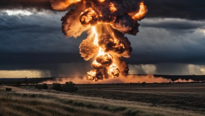 standing,outdoors,sky,cloud,military,no humans,glowing,cloudy sky,grass,fire,ground vehicle,scenery,smoke,science fiction,monster,realistic,size difference,military vehicle,giant,water,ocean,1other,horizon,explosion