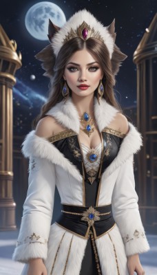 1girl,solo,long hair,breasts,looking at viewer,brown hair,long sleeves,dress,animal ears,cleavage,bare shoulders,brown eyes,jewelry,medium breasts,closed mouth,cowboy shot,earrings,sky,cat ears,necklace,off shoulder,white dress,blurry,lips,coat,fur trim,makeup,night,moon,tiara,crown,gem,star (sky),night sky,full moon,starry sky,gold trim,white coat,red lips,standing,braid,outdoors,artist name,signature,black dress,wolf ears,lipstick,realistic,straight-on,pillar,red gemstone,column