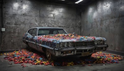 indoors,no humans,blood,ground vehicle,motor vehicle,realistic,car,vehicle focus,broken glass,graffiti,wheel,sports car,broken window